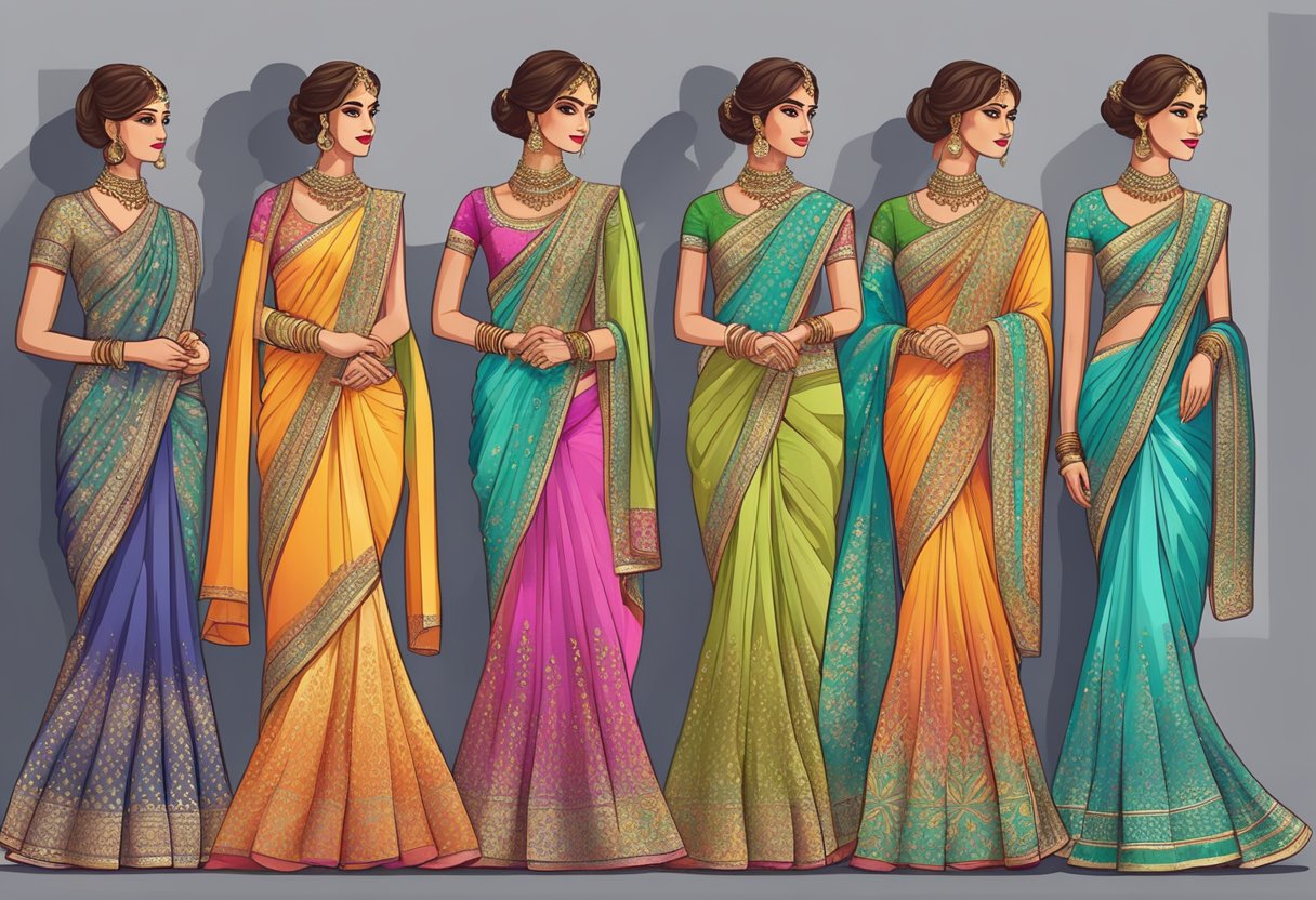 A colorful array of intricately patterned sarees, draped elegantly on mannequins, with a sign detailing the wedding theme and dress code