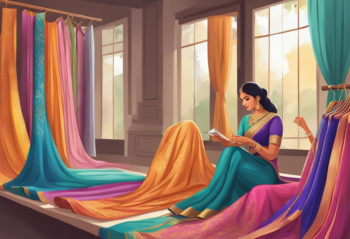 A woman browsing through a variety of colorful and elegant sarees, carefully examining the fabric and design to find the perfect one for her best friend's wedding