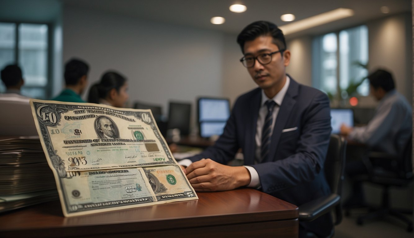 A moneylender in Singapore sits at a desk, displaying a license prominently. A borrower signs a contract, while a poster of moneylending rules hangs on the wall