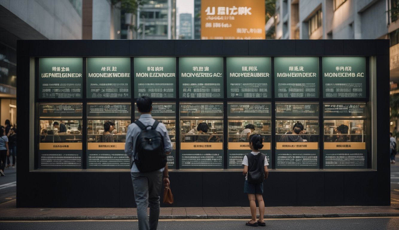 A group of people reading a large sign with the words "Understanding the Moneylenders Act - What Should You Know About Moneylender Rules - Singapore" displayed prominently