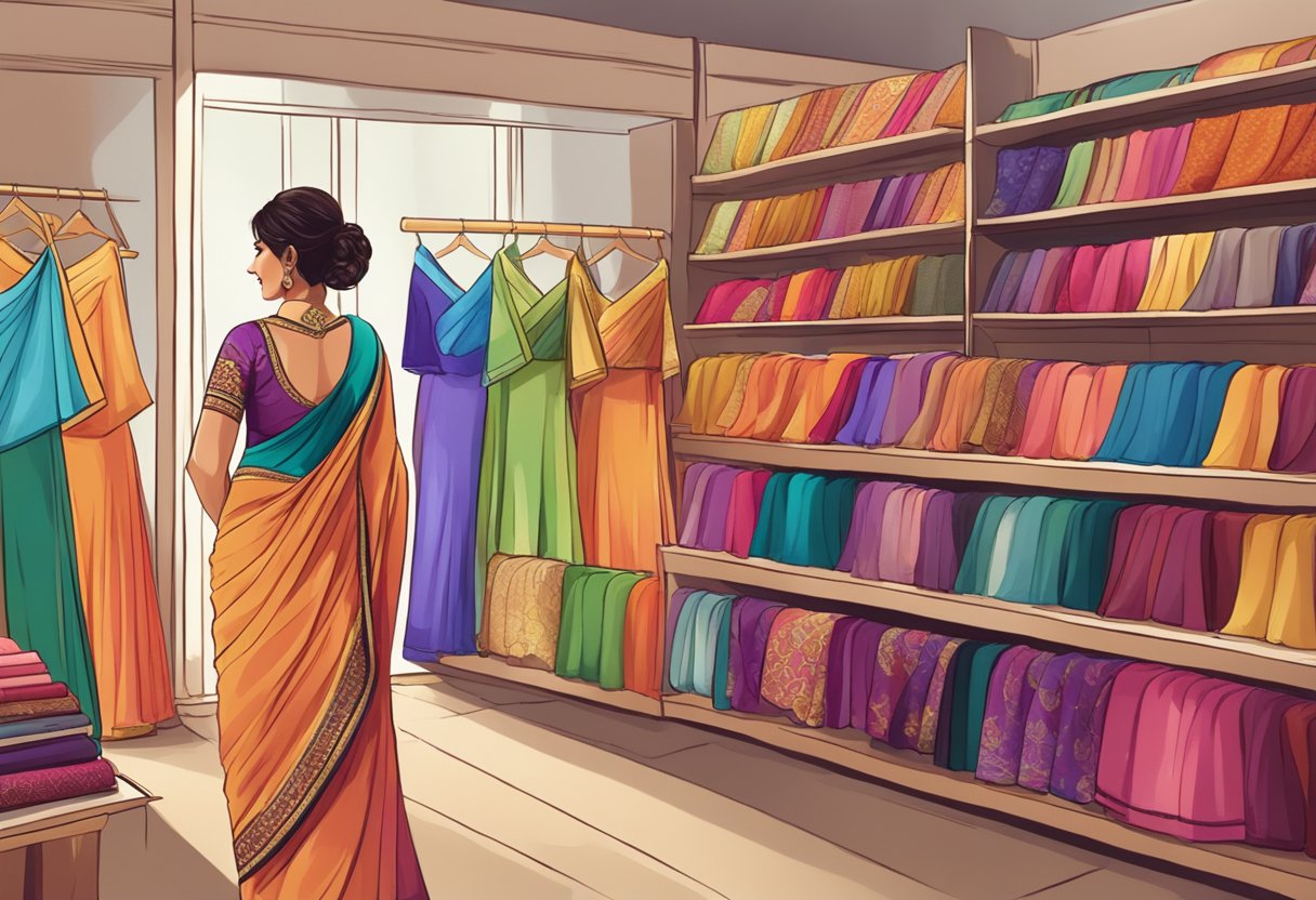 A woman browsing through colorful sarees at a wedding boutique