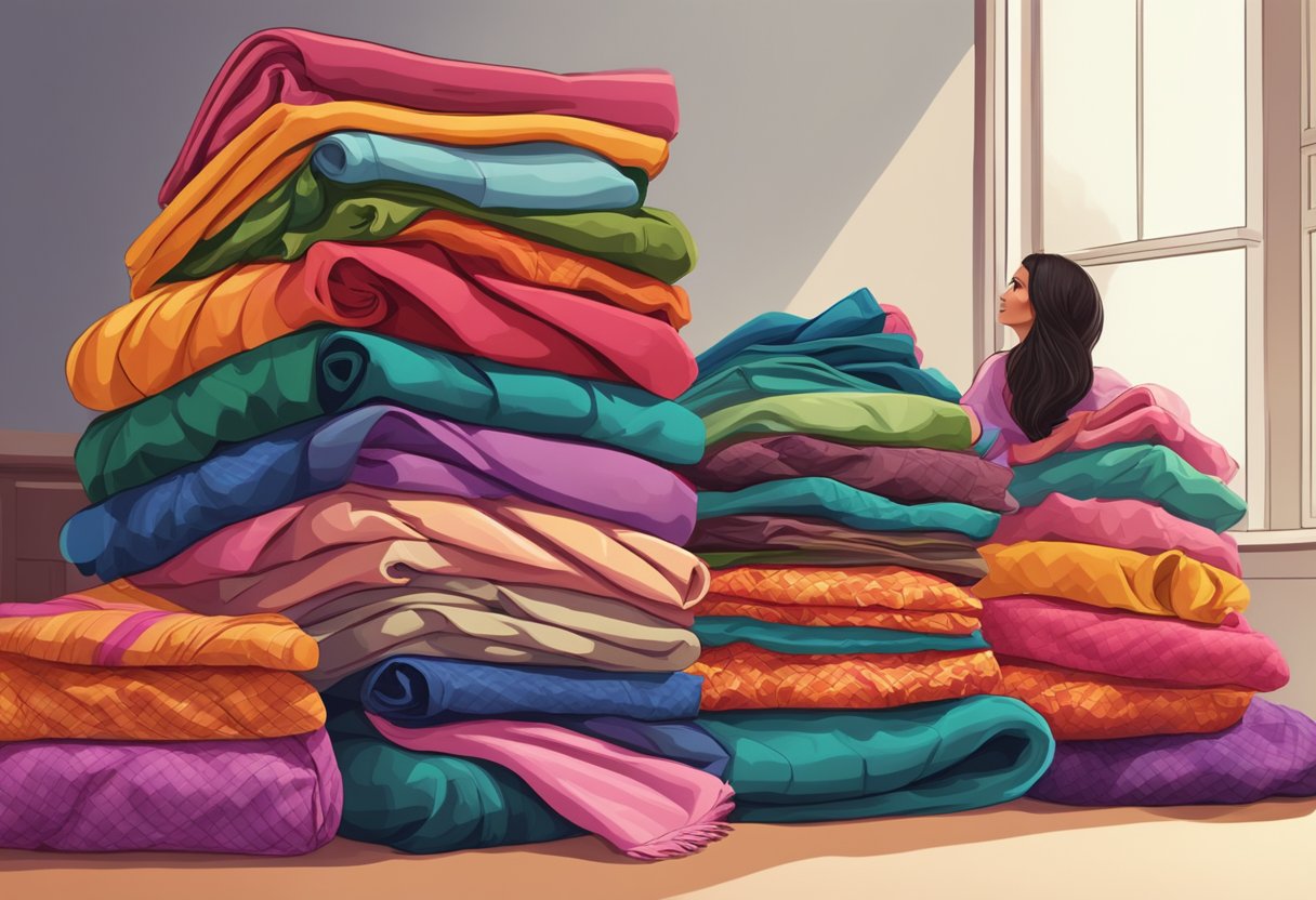 A hand reaches for a pile of colorful sarees, feeling each one to find the softest fabric