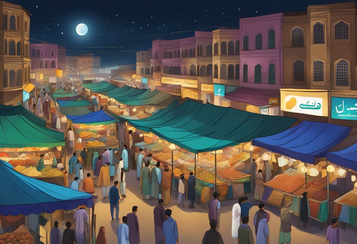 A busy street in Lahore at night, with people gathered around food stalls and shops, asking about the date of Shab e Barat