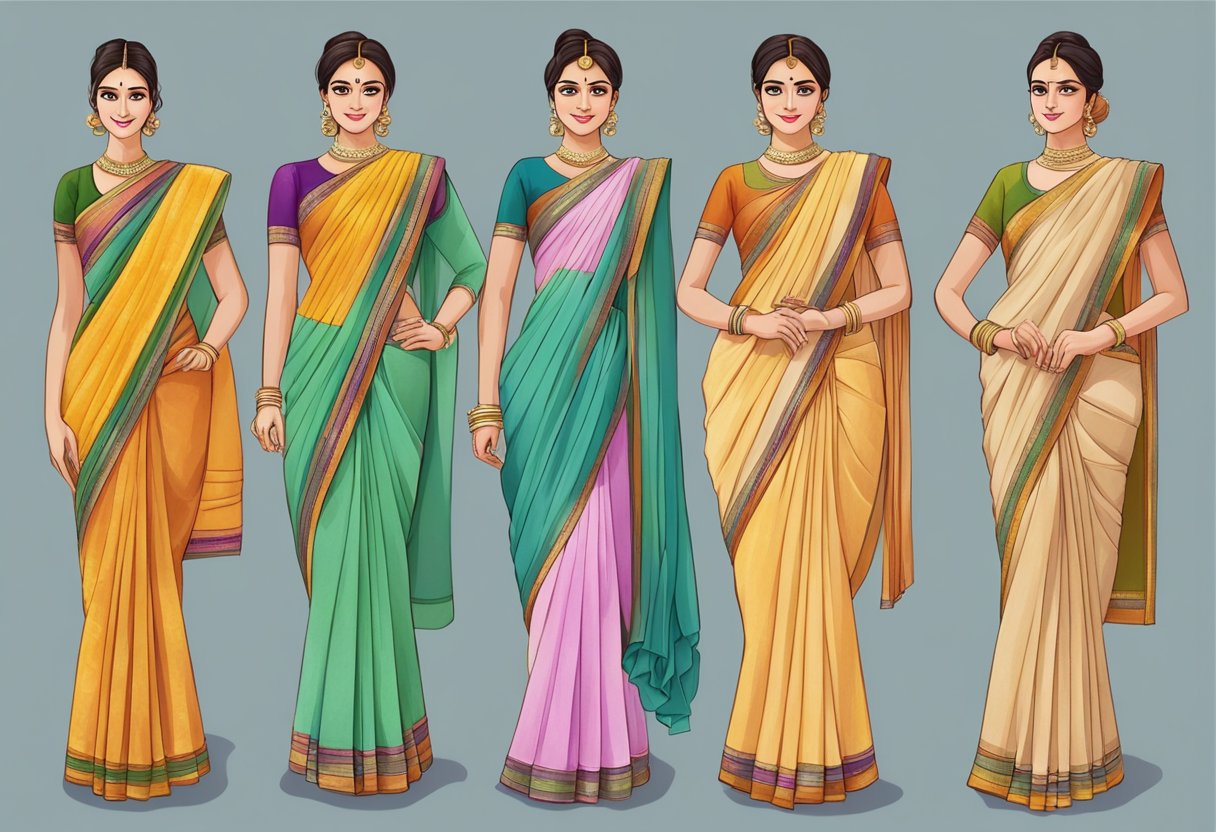 A saree draped in five distinct styles, showcasing various pleating and wrapping techniques