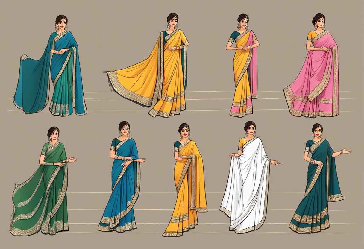 A table with neatly folded sarees in 5 different styles, accompanied by step-by-step diagrams or instructions for each draping style