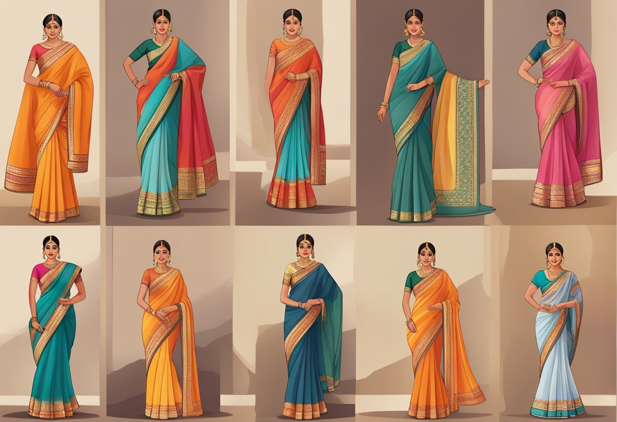 A display of 5 regional saree styles, each draped in a unique method, showcasing the diversity and cultural significance of traditional Indian attire