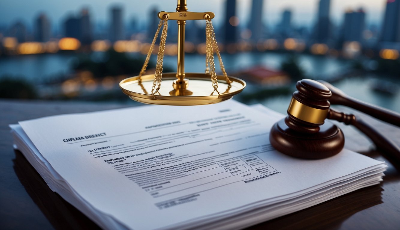 A stack of legal documents with "Regulatory Compliance and Enforcement" printed on them, surrounded by a gavel, scales of justice, and a moneylender's sign, set against the backdrop of the Singapore skyline