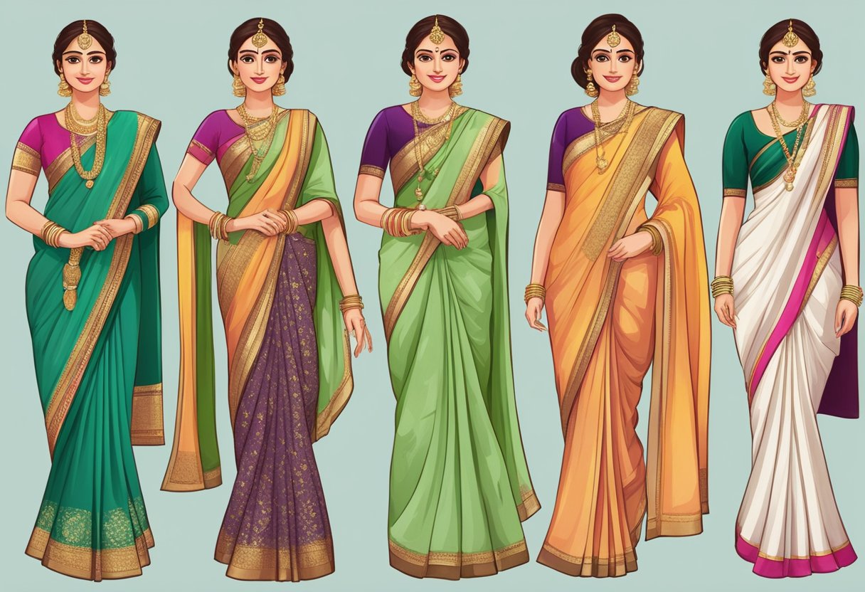 A display of 5 different styles of wearing a saree, showcasing various draping techniques and designs