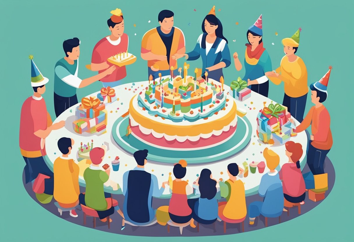 A group of family and friends gather around a birthday cake, smiling and laughing as they celebrate the 17th birthday of their son