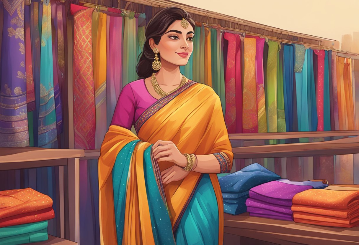 A woman carefully selects a vibrant saree from a rack, surrounded by colorful fabrics and shimmering embellishments