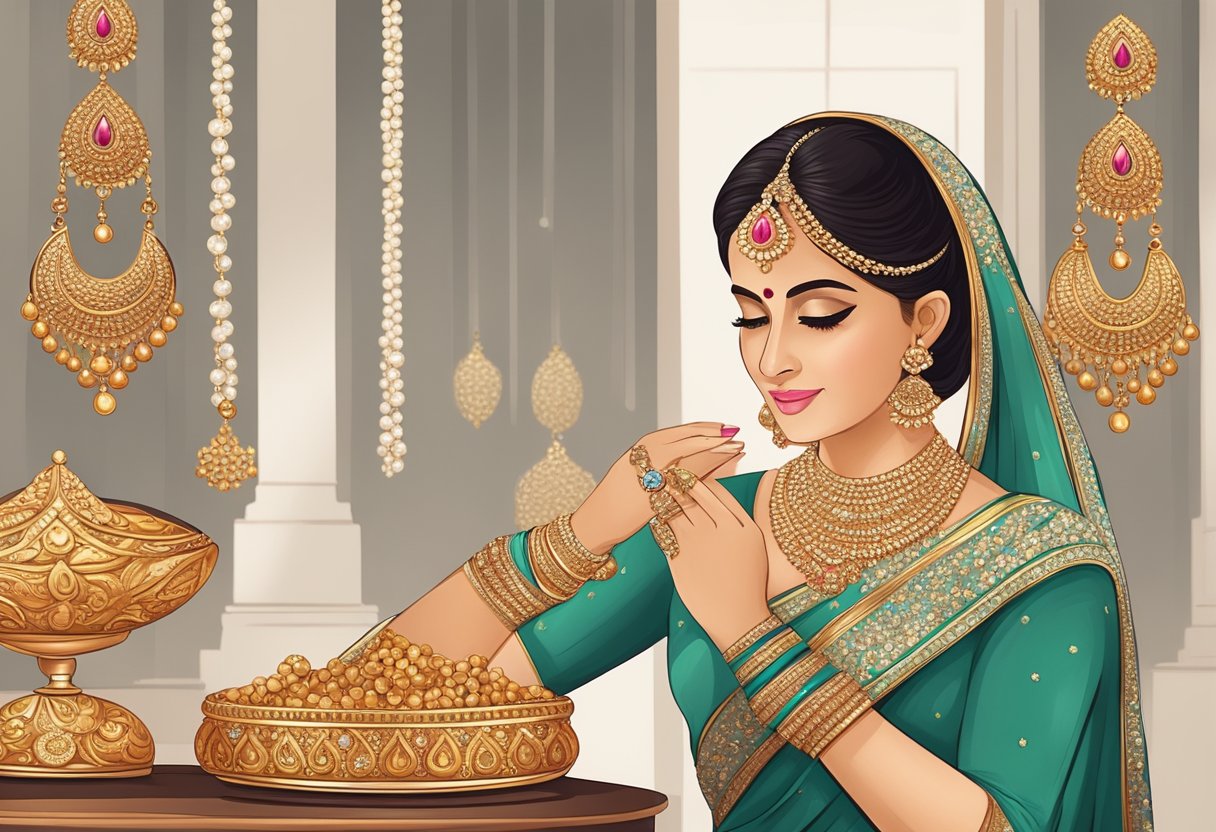 A woman carefully selects jewelry and accessories to complement her elegant saree for an engagement function