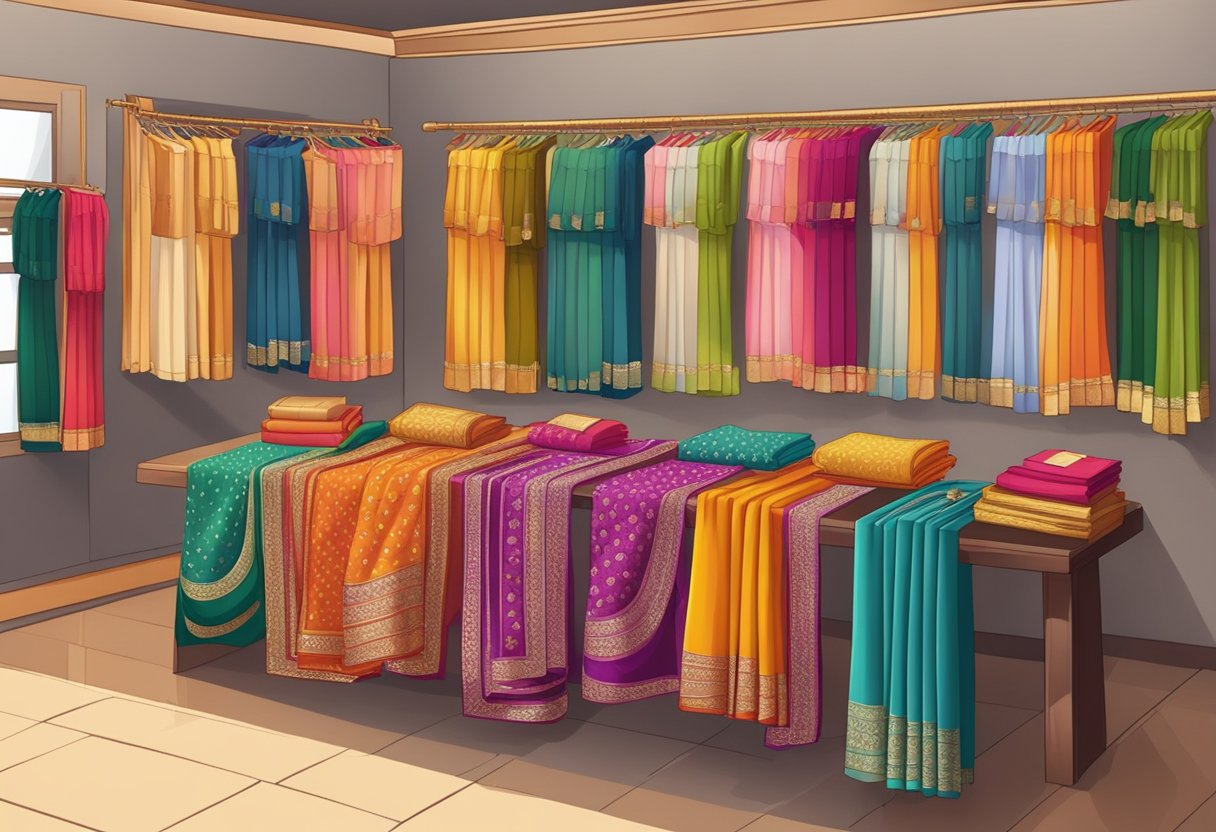 A vibrant display of elegant sarees arranged in a showroom with labels and price tags for engagement function