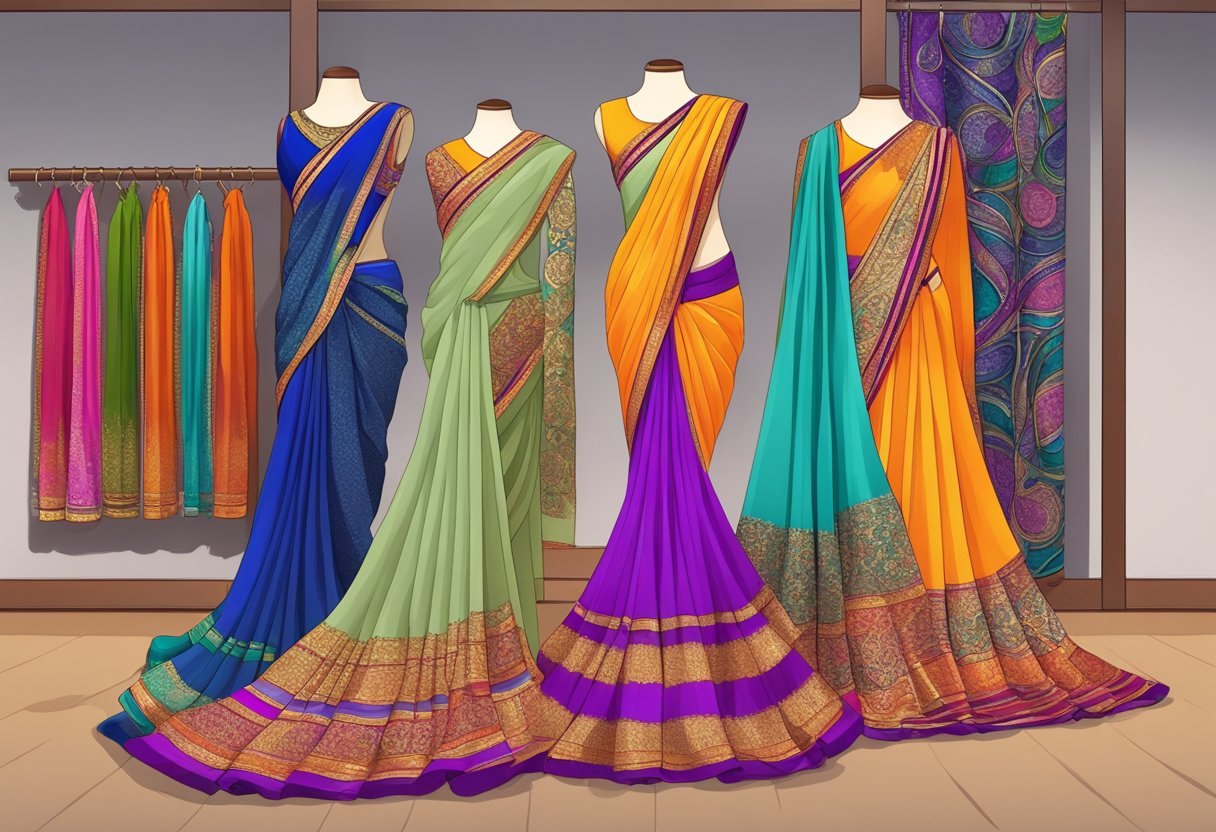 A colorful saree draped on a mannequin, with a variety of earring options displayed nearby