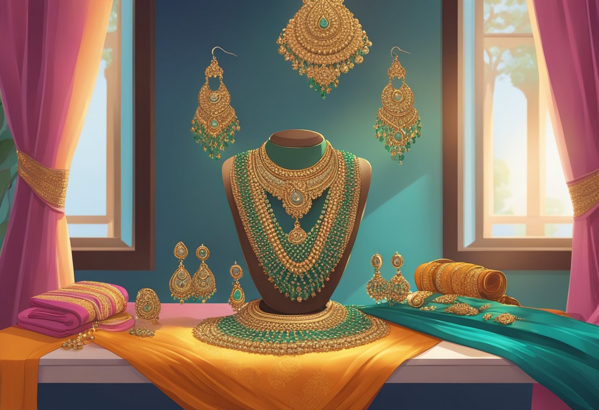 A table with various earrings displayed, alongside a colorful saree draped on a mannequin. Light from a window illuminates the scene
