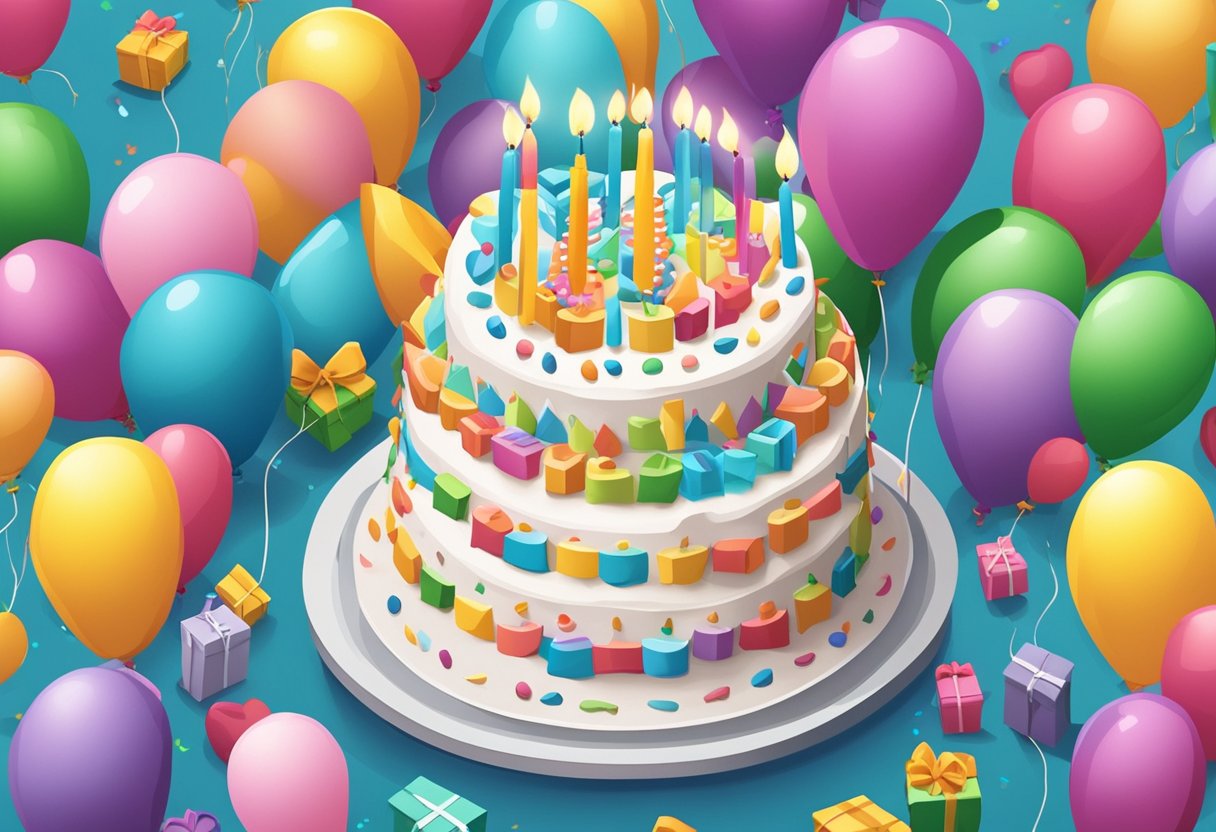 A birthday cake with 19 candles lit, surrounded by gifts and balloons. A card with a heartfelt birthday message for a son
