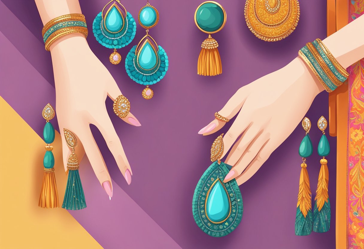 A woman's hand holding up different earrings next to a colorful saree