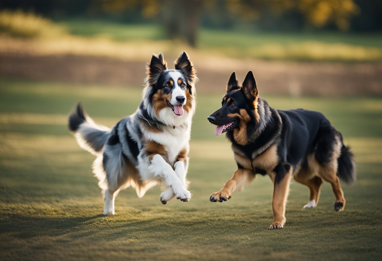 Two alert and focused dogs, an Australian Shepherd and a German Shepherd, engaged in a training exercise, showcasing their intelligence and agility