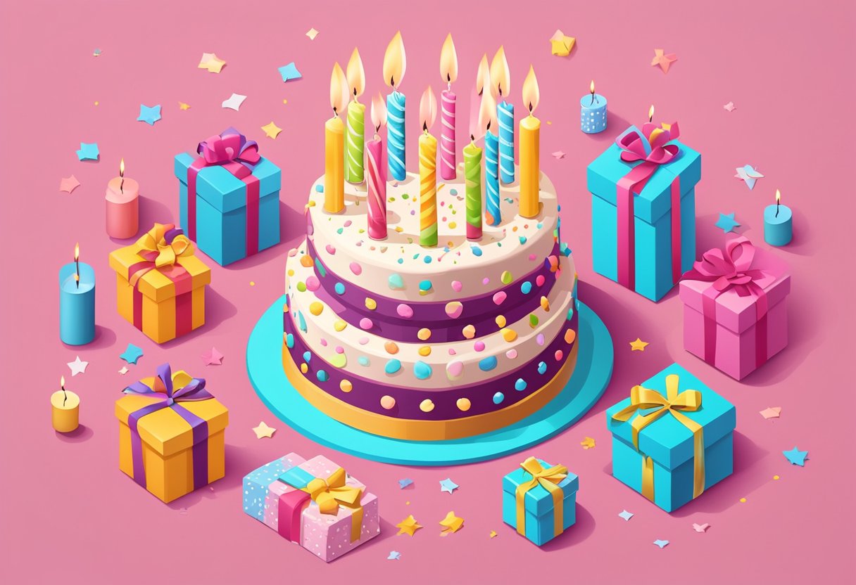 A birthday cake with 19 candles, a card with heartfelt words, and a gift box with a bow