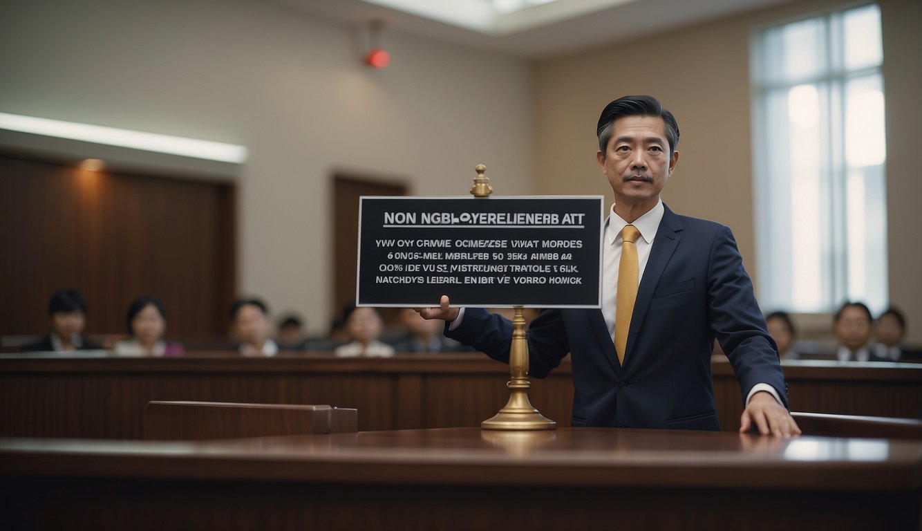 A stern figure in a courtroom, pointing to a large sign displaying the consequences of non-compliance with the Money Lenders Act in Singapore