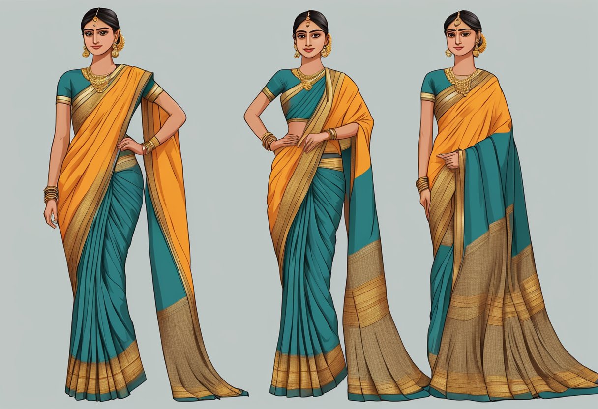 A nauvari saree being gracefully draped over a mannequin, with pleats neatly arranged and the pallu elegantly falling over the shoulder