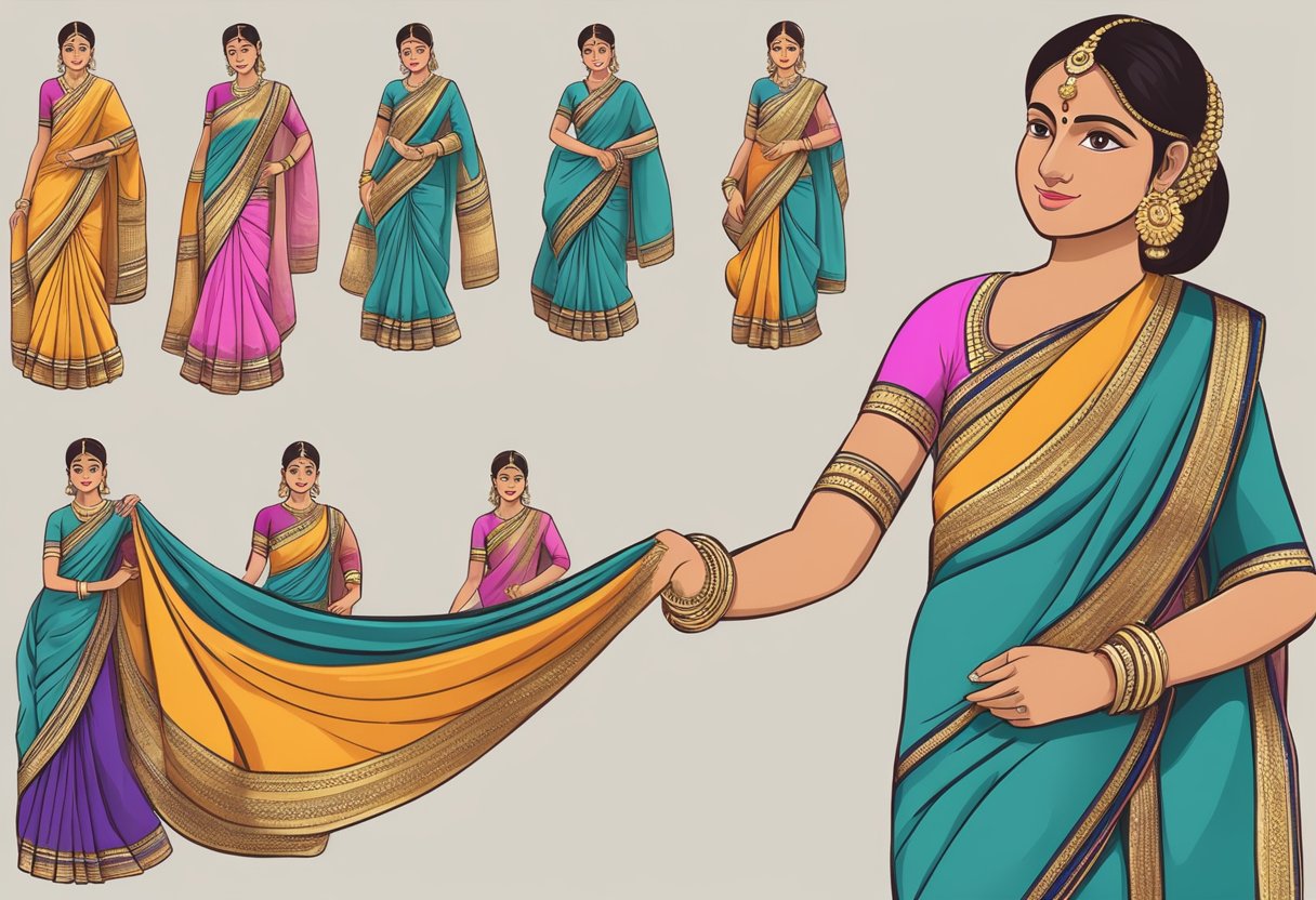 A nauvari saree is being folded and pleated, then wrapped around the body with its loose end tucked in at the waist