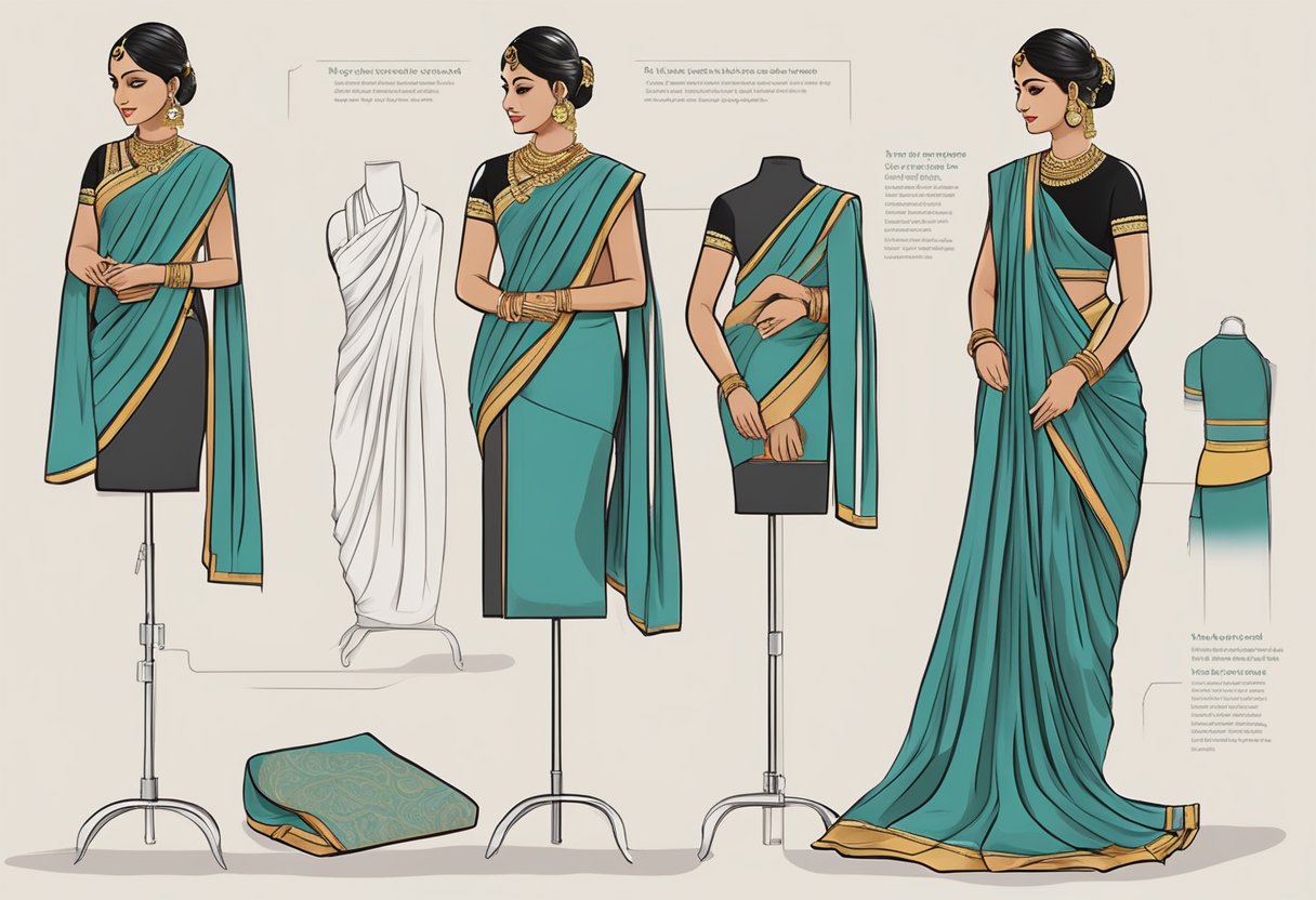 A nauvari saree being draped around a mannequin or stand, with detailed steps shown in a clear and illustrative manner
