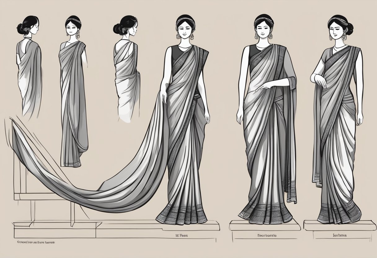 A nauvari saree being draped on a mannequin, with step-by-step instructions nearby