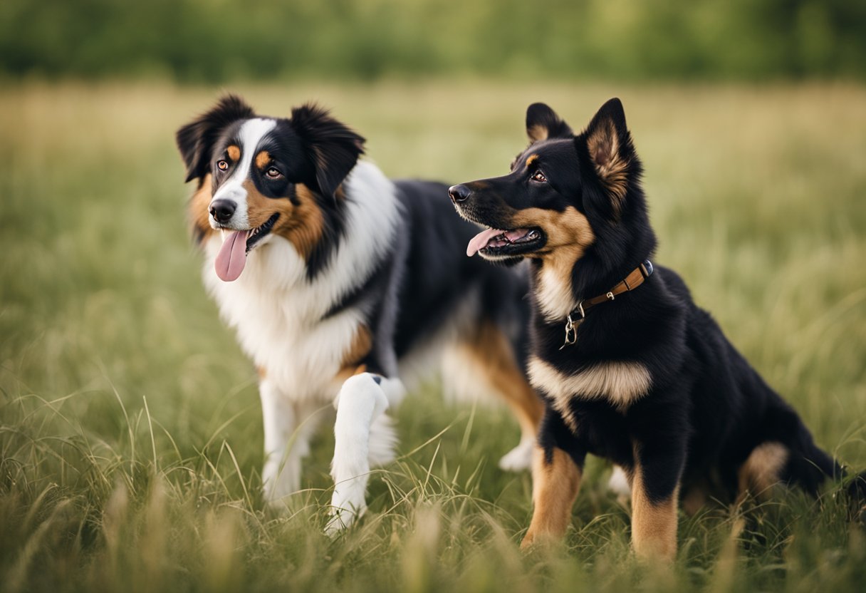 Two dogs, one Australian Shepherd and one German Shepherd, playing together in a grassy field, showcasing the different life stages of each breed