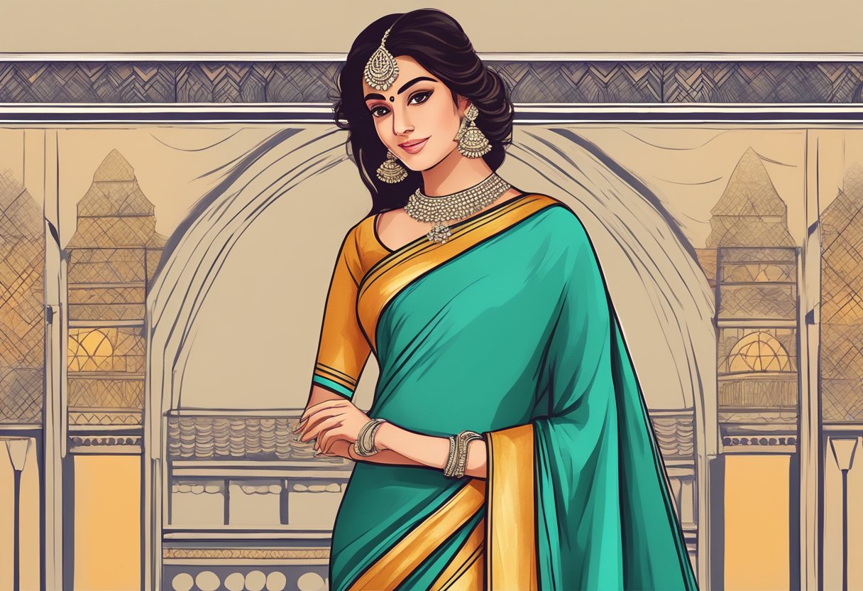 A colorful saree draped elegantly with a contrasting belt cinching the waist, adding a modern touch to traditional attire