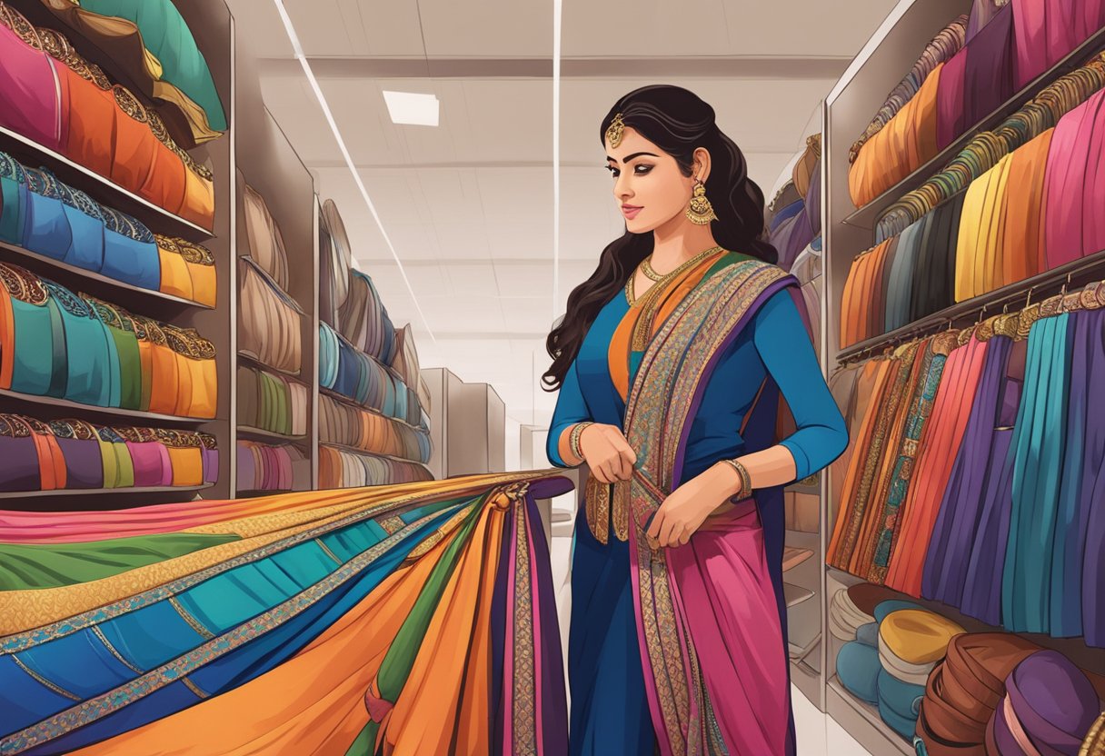 A woman browsing through a variety of belts, with a stack of colorful sarees in the background