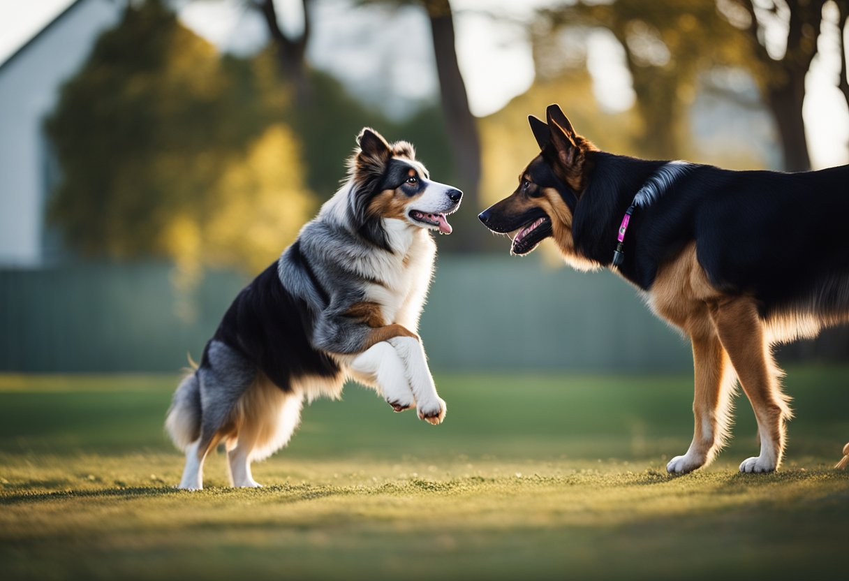 An Australian shepherd and a German shepherd face off, tails raised, eyes locked, ready to engage in a friendly but competitive play session