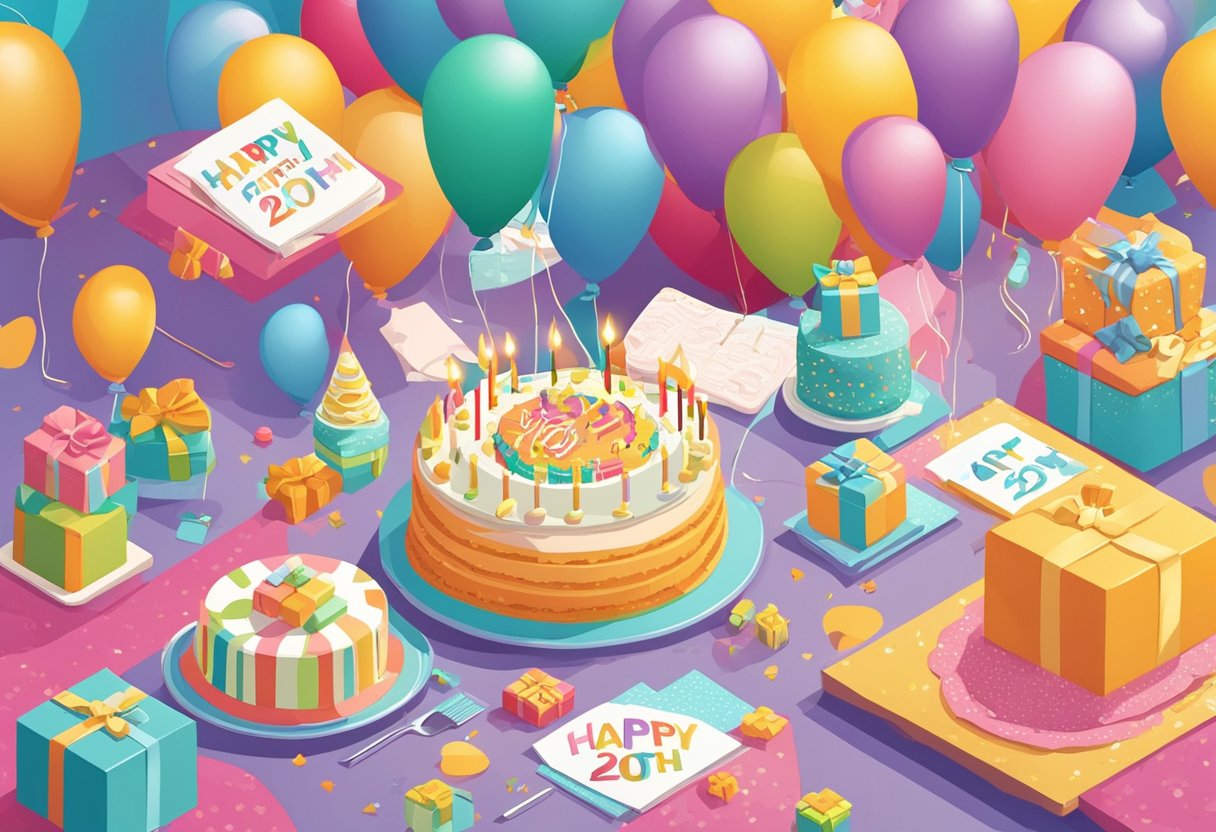 A festive table with a birthday cake, balloons, and presents. A banner reads "Happy 20th Birthday" while a card with heartfelt quotes lies nearby