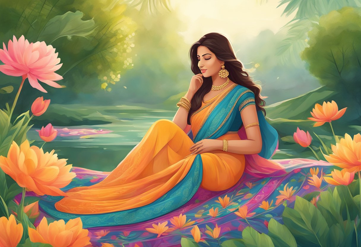 A pregnant woman in a vibrant saree poses in a garden. Flowing fabric, floral backdrop, and soft natural light create a serene and elegant atmosphere