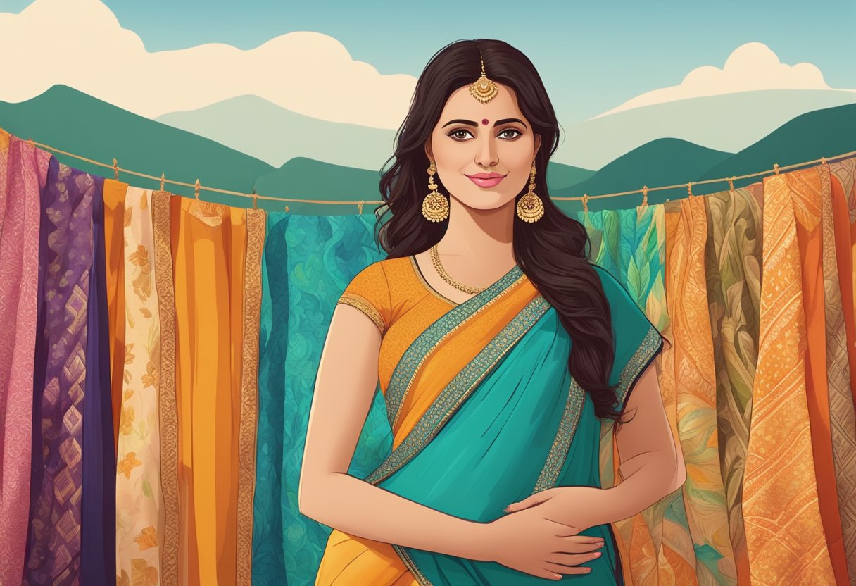 A pregnant woman in a saree, surrounded by vibrant fabric options, poses for a photoshoot in a serene, natural setting