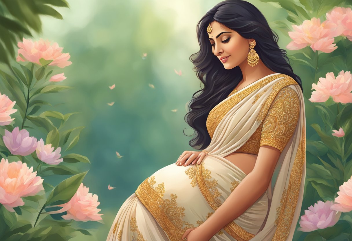 A pregnant woman in a beautiful saree poses in a garden with soft natural lighting, showcasing the elegance and grace of maternity