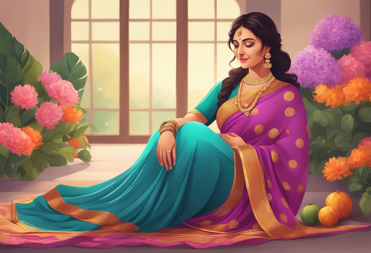 A pregnant woman in a colorful saree poses in a studio setting, surrounded by soft lighting and floral decorations