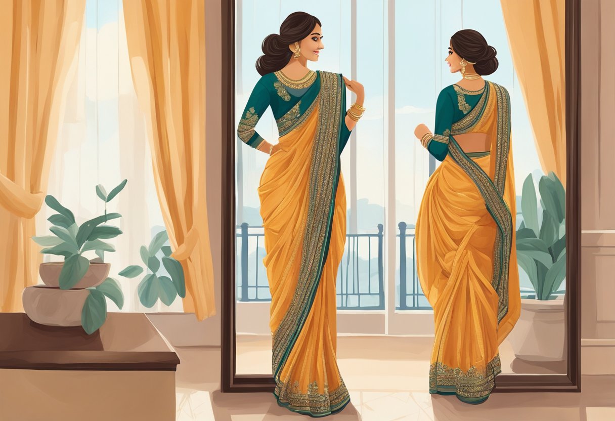 A woman admires herself in the mirror wearing a stunning Koskii saree, feeling elegant and confident. The luxurious fabric drapes gracefully around her, and she can't help but smile at her reflection