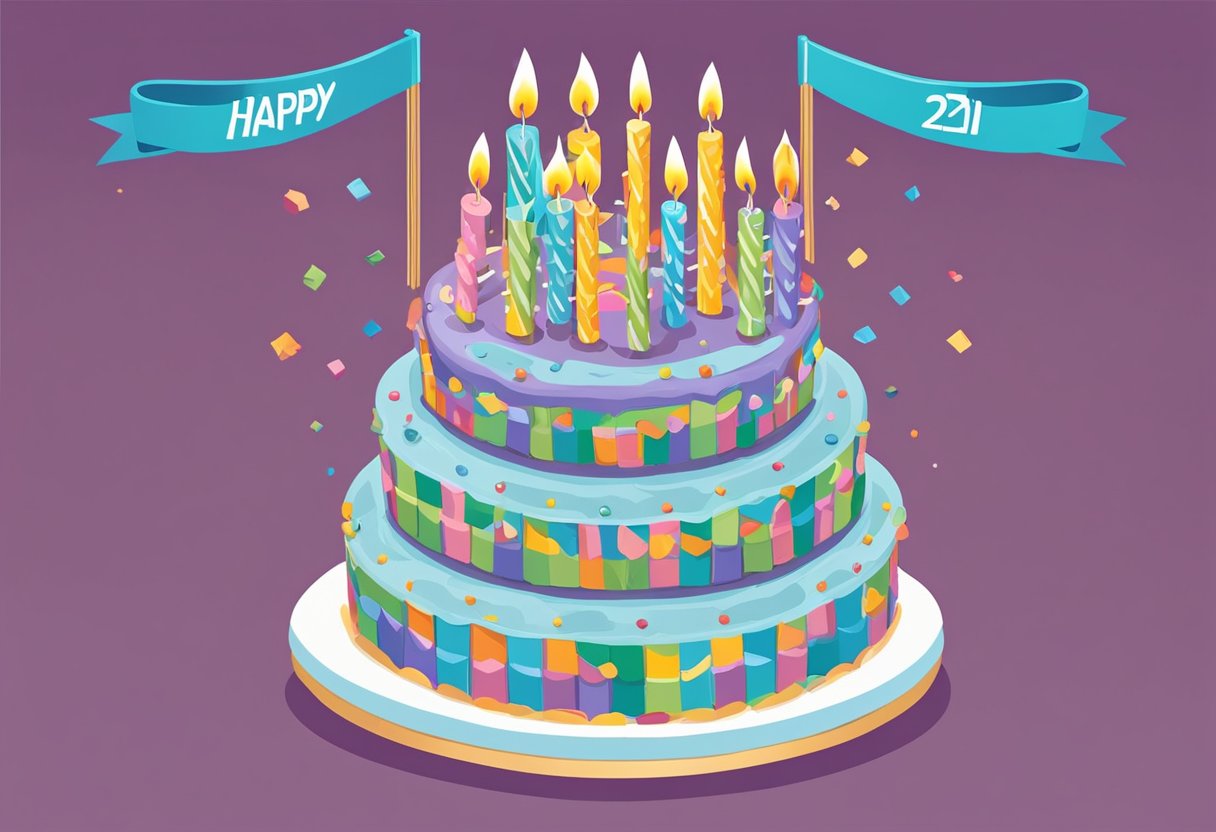 A birthday cake with 21 candles, a "Happy 21st Birthday" banner, and a card with heartfelt quotes for a son