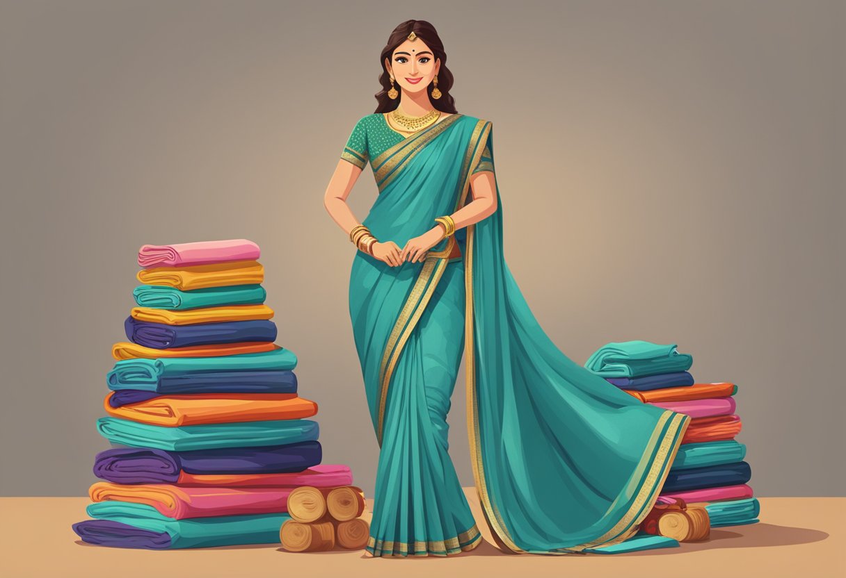 A stack of Karagiri sarees with a "Frequently Asked Questions" banner, surrounded by positive reviews and ratings