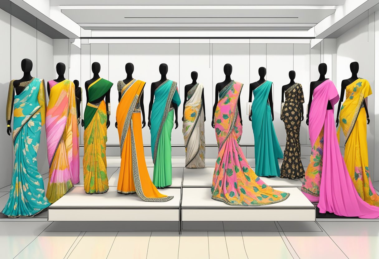 A colorful display of Masaba Gupta sarees arranged on mannequins and racks in a boutique showroom