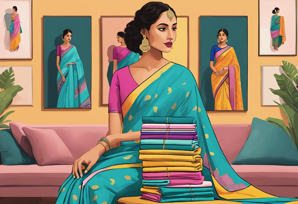 A stack of Masaba Gupta sarees with a "Frequently Asked Questions" banner in the background