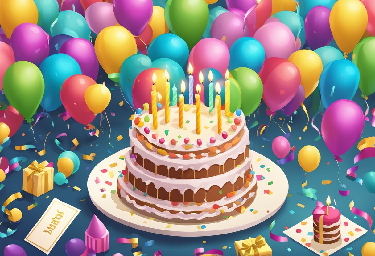 A birthday cake with 23 candles lit, surrounded by balloons and confetti, with a card reading "Happy 23rd Birthday" on a table