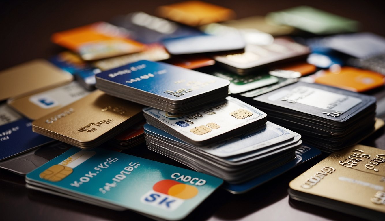 A stack of credit cards with the CardUp logo, surrounded by other payment options like cash and checks, displayed on a modern, sleek surface