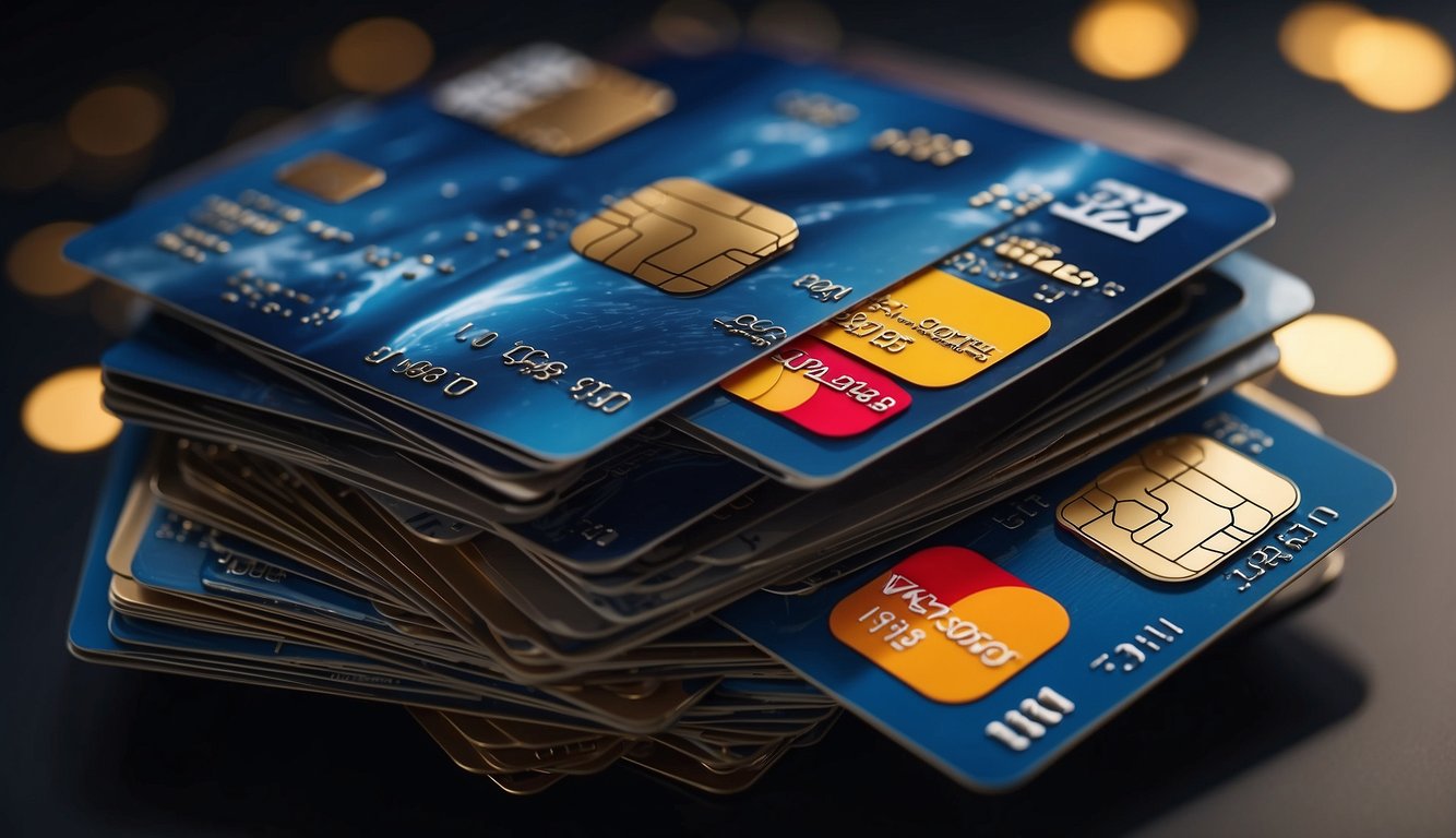 A stack of credit cards flows into a digital platform, merging with electronic payment icons