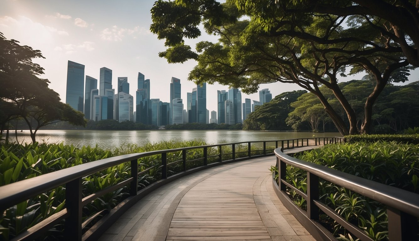 A serene park with a clear view of the Singapore skyline, featuring a calm lake surrounded by lush greenery and a path leading to a distant cityscape