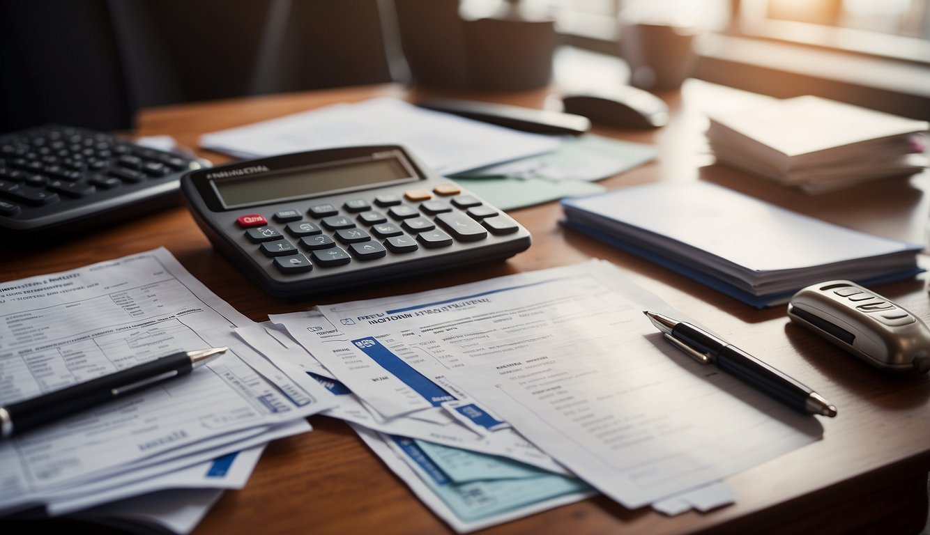 A stack of credit card statements, invoices, and fee schedules lay on a desk, with a calculator and pen nearby
