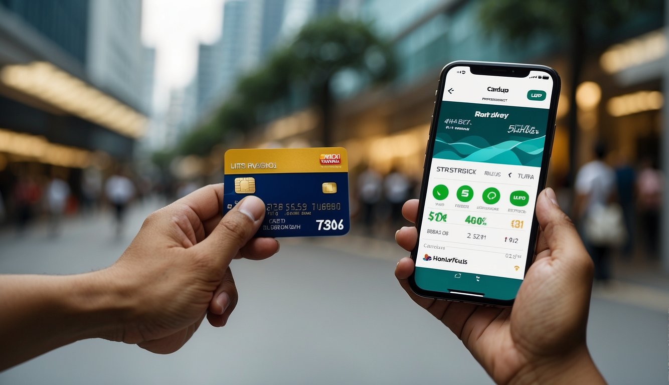 A hand holding a credit card above a smartphone, with the CardUp app open and displaying a review and comparison of services in Singapore