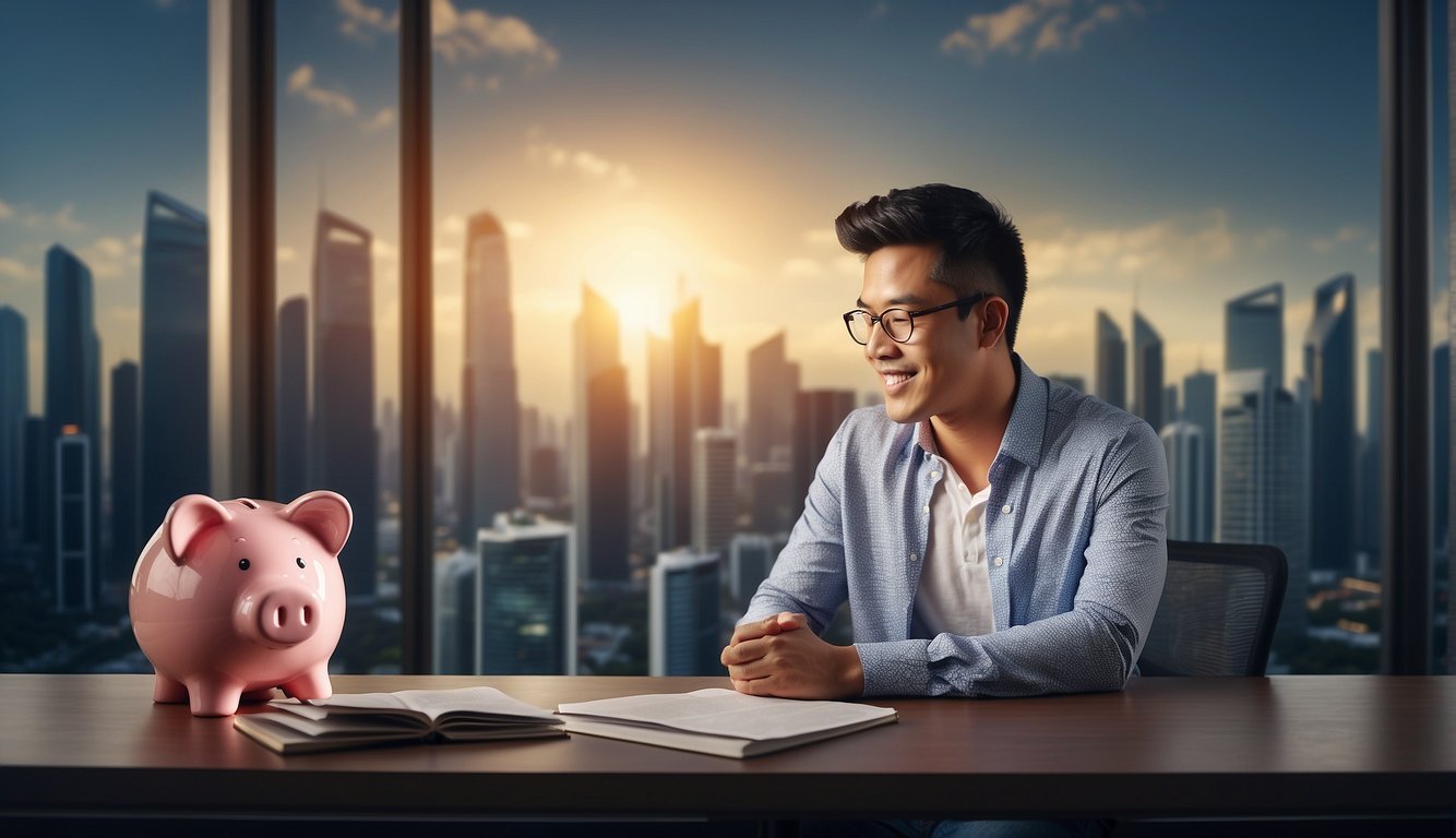 A young adult sits at a desk, surrounded by financial books and charts. A piggy bank and investment portfolio are visible, symbolizing savings and wealth growth. The Singapore skyline is seen in the background, representing financial opportunities