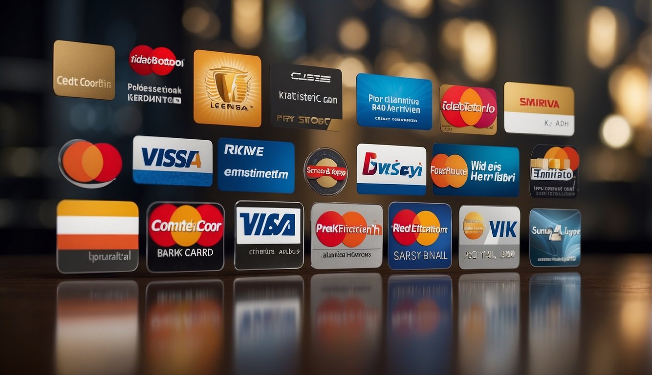 A row of diverse bank logos and credit card designs displayed for comparison and review