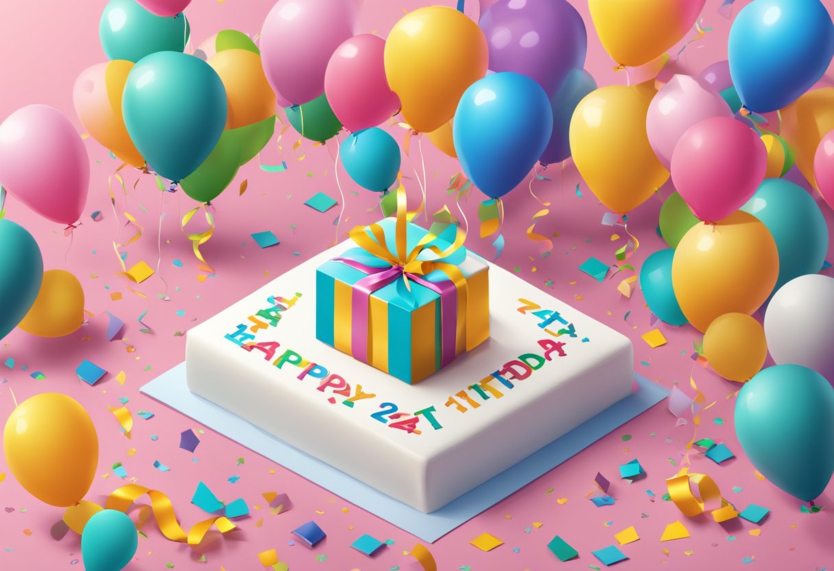 Colorful balloons and confetti surround a "Happy 24th Birthday" banner. A gift box and birthday cake sit on a table, with a heartfelt birthday card nearby